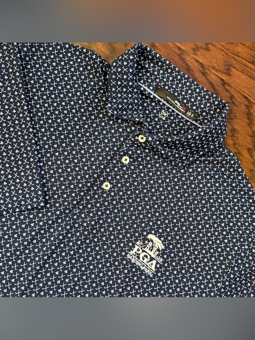 RLX Ralph Lauren Polo Shirt Mens XL Navy Clubs Print Golf PGA Harding Park Logo